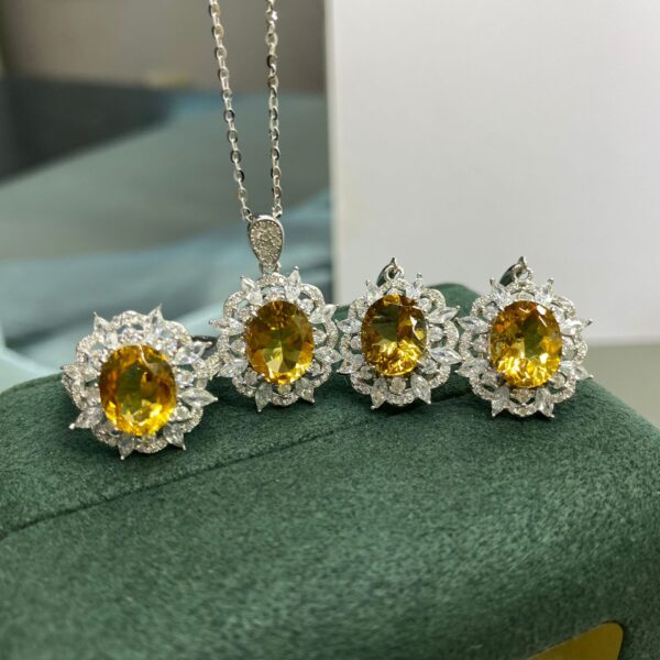1 Silver Colorful Natural Stones Citrine8*10 Set of 3 Sunflower Ring Necklace Earring