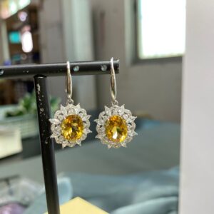 Silver Colorful Natural Stones Citrine8*10 Set of 3 Sunflower Ring Necklace Earring
